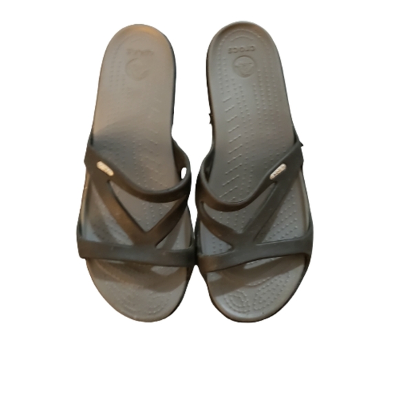 Crocs Patricia Black/Grey Wedge Heel Slide Sandals - Picture 2 of 3